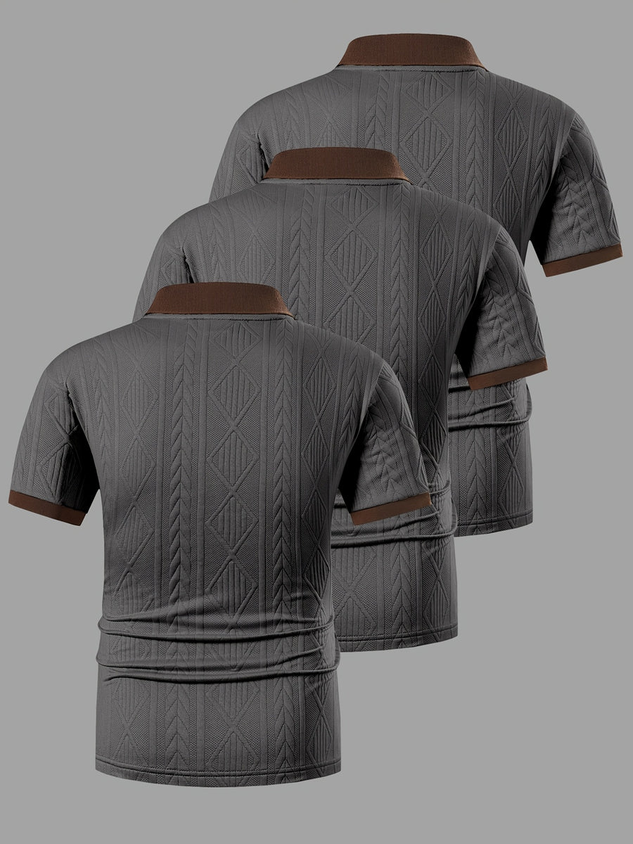 A Set of Three Stylish Men'S Jacquard Polo Shirts, Perfect for Spring, Autumn, And Summer. Made from Jacquard Fabric, They Are Comfortable, Skin-Friendly - Grey