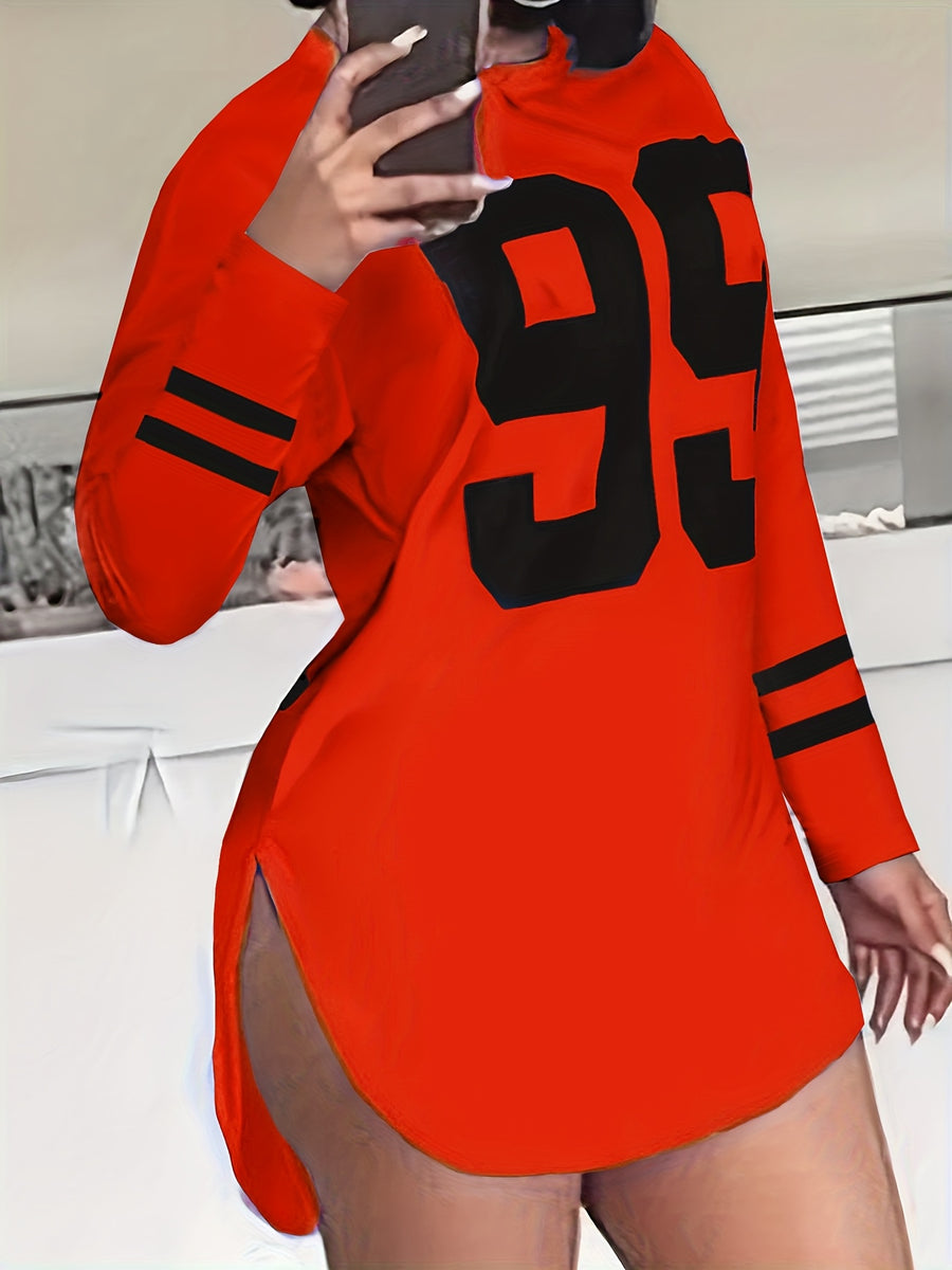 Women's Oversized '99' Number Print Blouse - Long Sleeve Casual Loose Fit SweeSuitable for Year-Round Wear, Machine Washable Comfy Tunic Top - Red