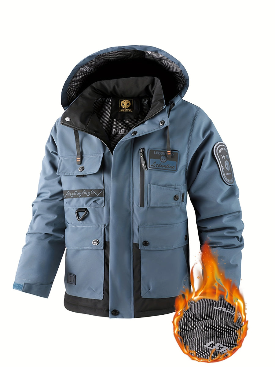 Men'S Autumn New Hooded Warm Coat | Casual Multi-Pocket Work Jacket with Detachable Hood And Zipper, Fiber, Regular Fit, Thick - Sea Blue