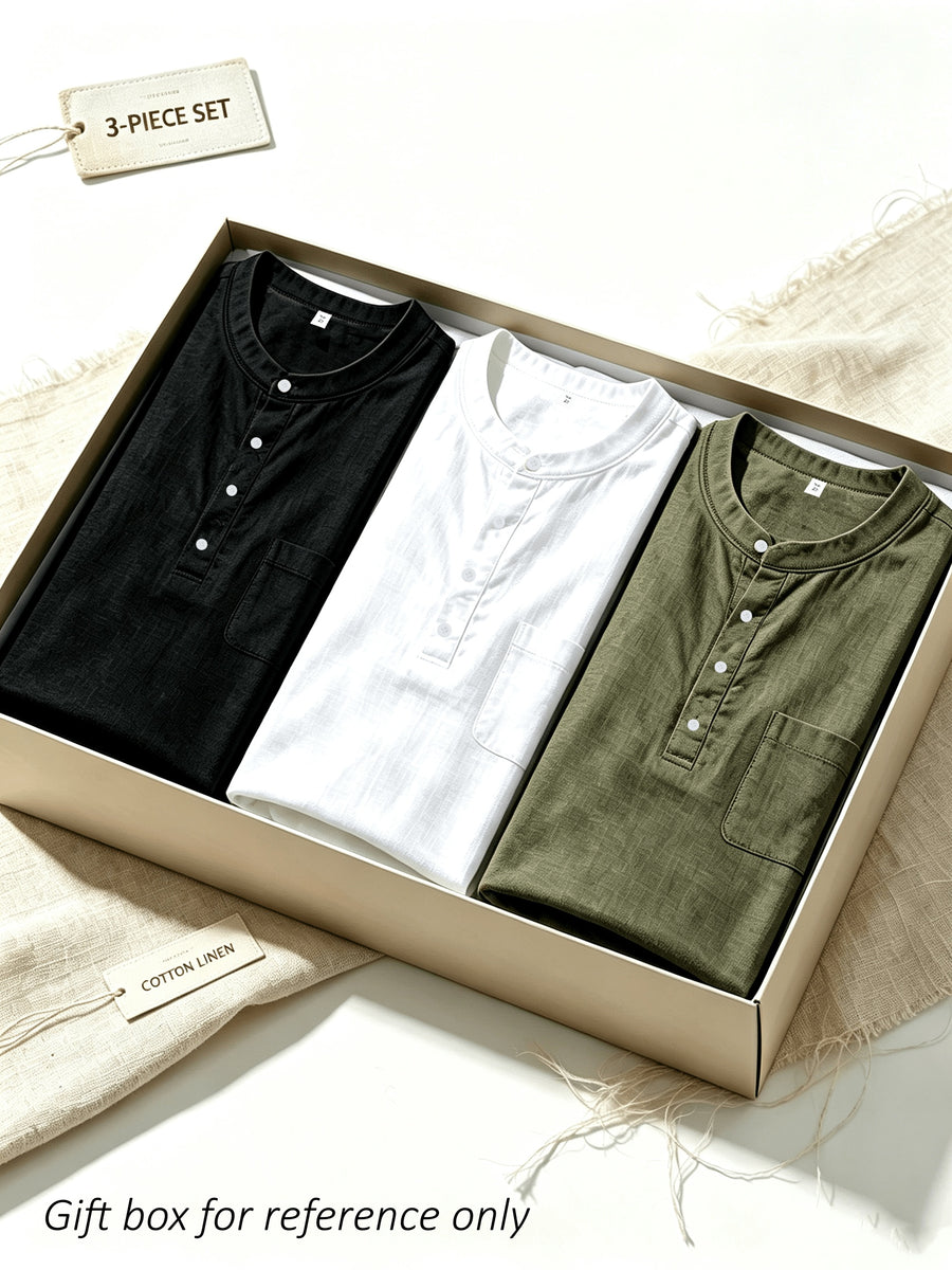 Men's Henry Collar Short Sleeve Three-pc Stand Collar Half-Button Casual Top with Pockets, Solid Color Versatile Top - White+Black+Army Green