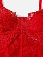 European Style Sexy Floral Lace Diamond Fishbone See-Through Women'S Corset Top - Red