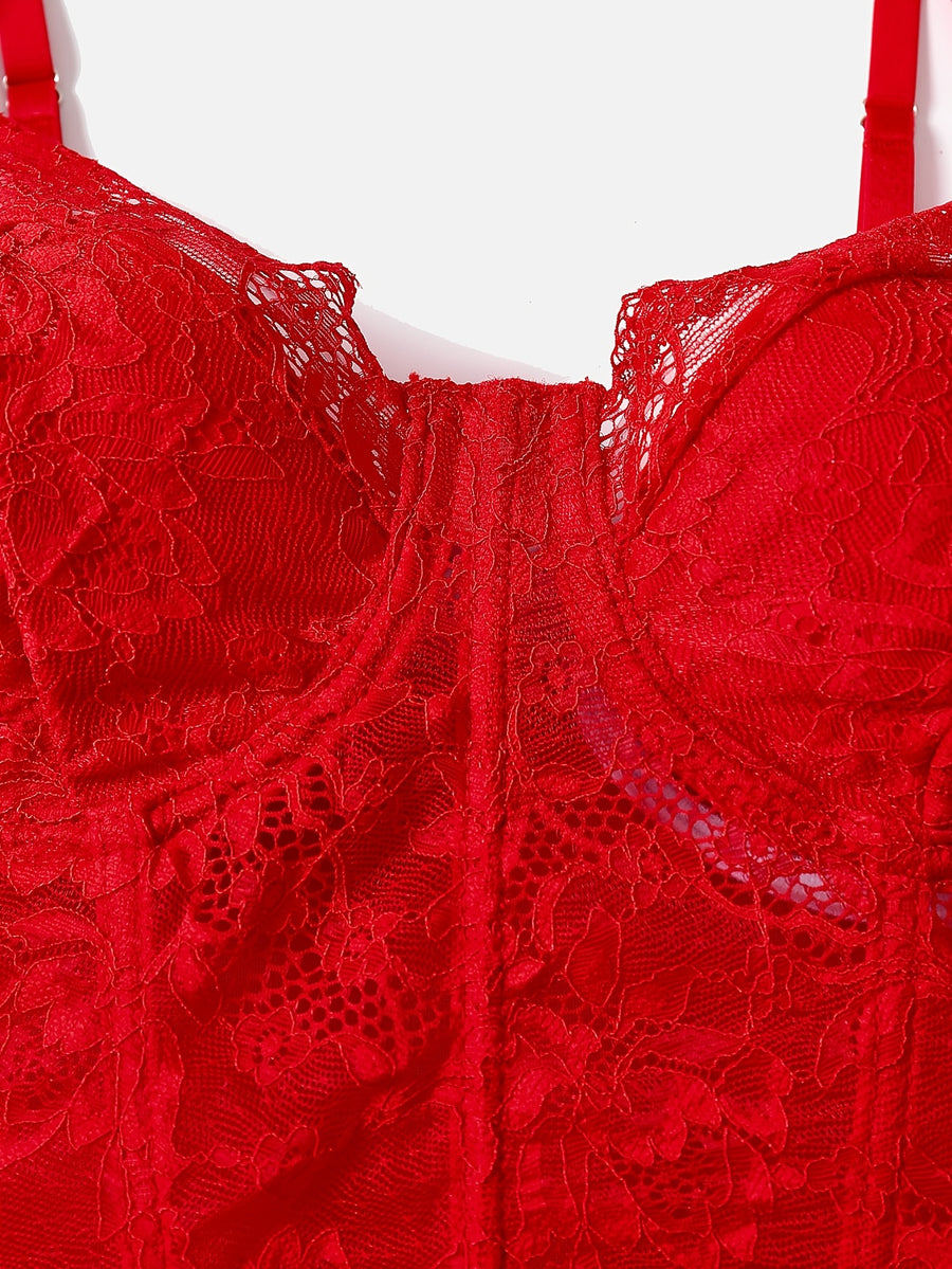 European Style Sexy Floral Lace Diamond Fishbone See-Through Women'S Corset Top - Red