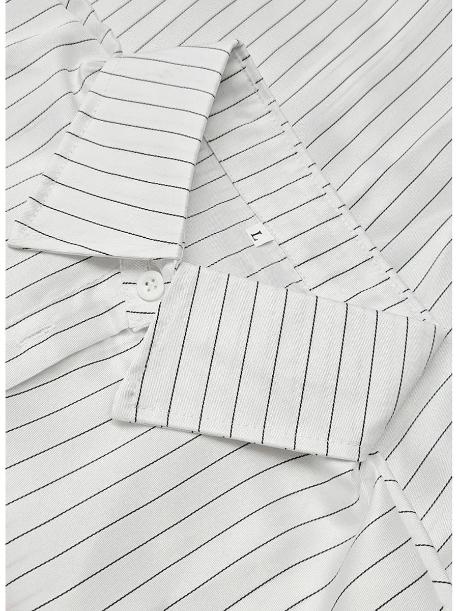 Early Spring/Autumn Value Two-Pack Thin Trendy Men's Long-Sleeve Striped Shirt, Versatile Fashion Casual Business High-End Outerwear Shirt - White+black
