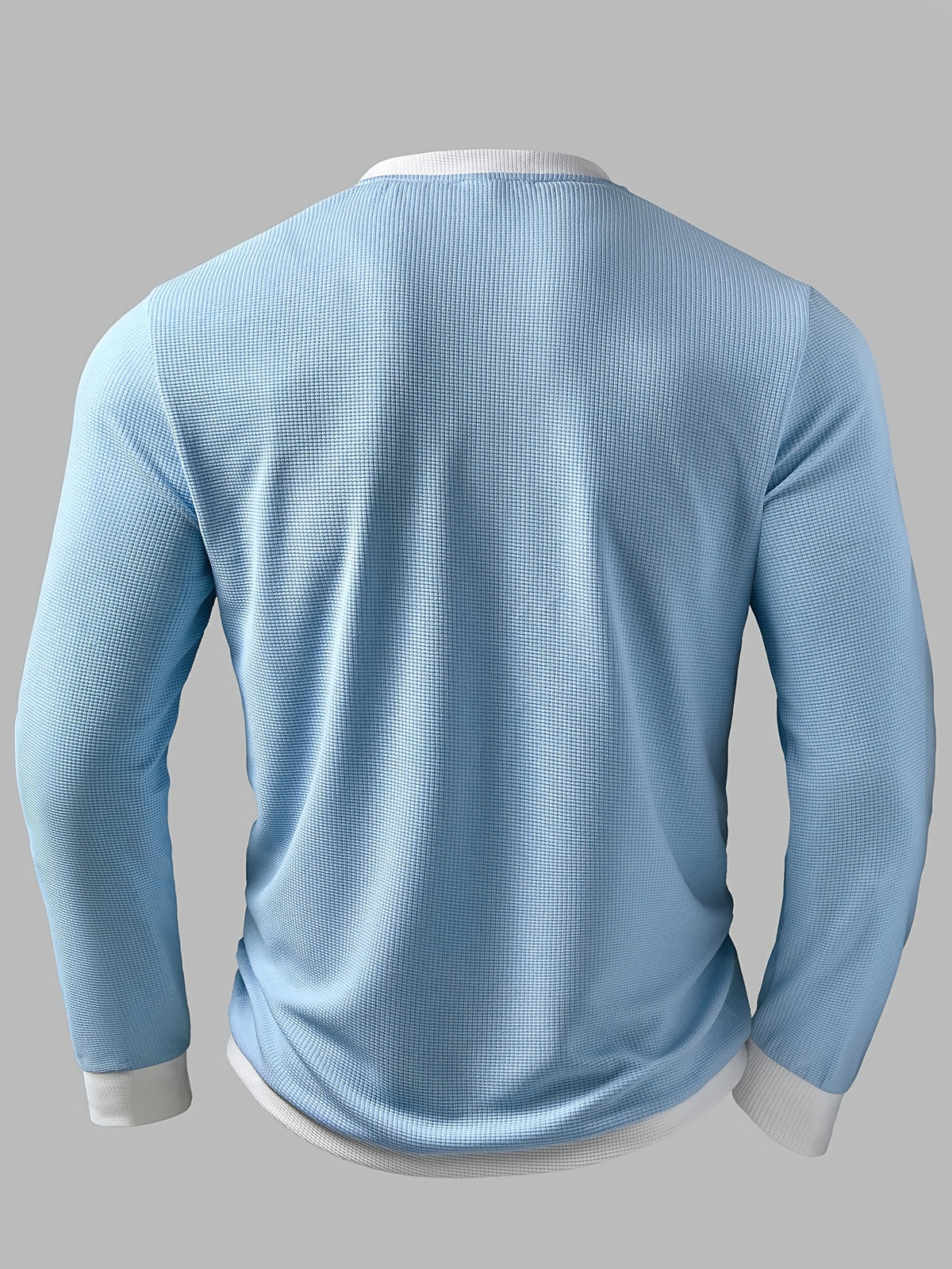 Men's Fashion Henley Shirt, Autumn/Winter Outdoor Casual Textured Waffle Knit Fabric, Color-Block Patchwork, Crew Neck, Single-Breasted Button Placket, Pocket Patch Detail, Regular Length, Long Sleeve - Sky Blue