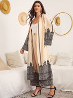 ZD0810056 New Middle Eastern Ethnic Artistic Pattern Robe Set for Women, Casual Elegant Comfortable Daily Outing Family Gathering Muslim Eid Loose Cardigan + Printed Wide-Leg Pants Casual Two-Piece Set - Apricot