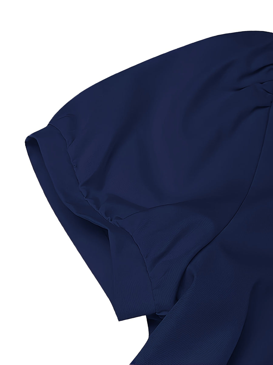 Elegant And Stylish Dress for Women with a Square Neckline, Drop Shoulder Sleeves, Solid Color, Featuring a Bow Design at The Waist, Easy to Wear And Remove, Machine Washable, Suitable for Outings And Dates, Perfect for Commuting Fashion - Navy Color