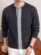 Men's Round Neck Knit Cardigan, Thickened Autumn/Winter Casual Sweater Outerwear, Simple Single-Breasted Button-Up Cardigan - Deep Grey
