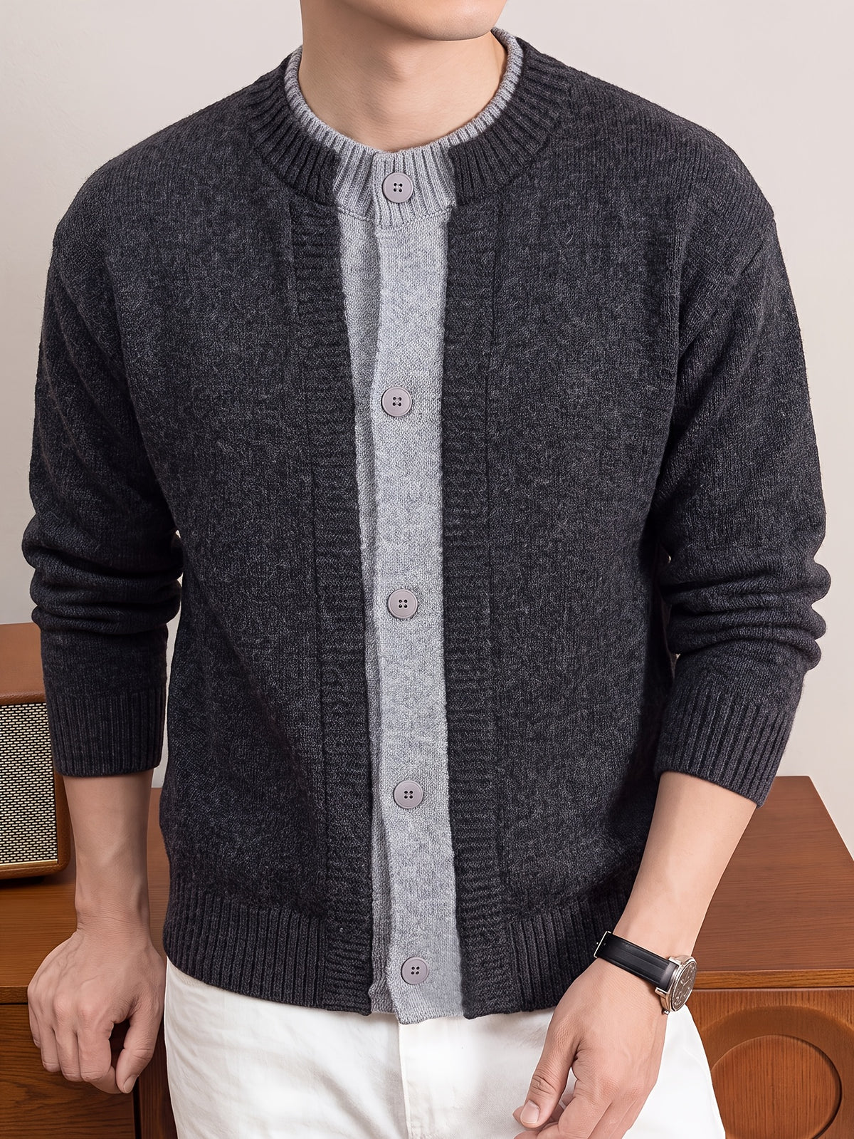Men's Round Neck Knit Cardigan, Thickened Autumn/Winter Casual Sweater Outerwear, Simple Single-Breasted Button-Up Cardigan - Deep Grey