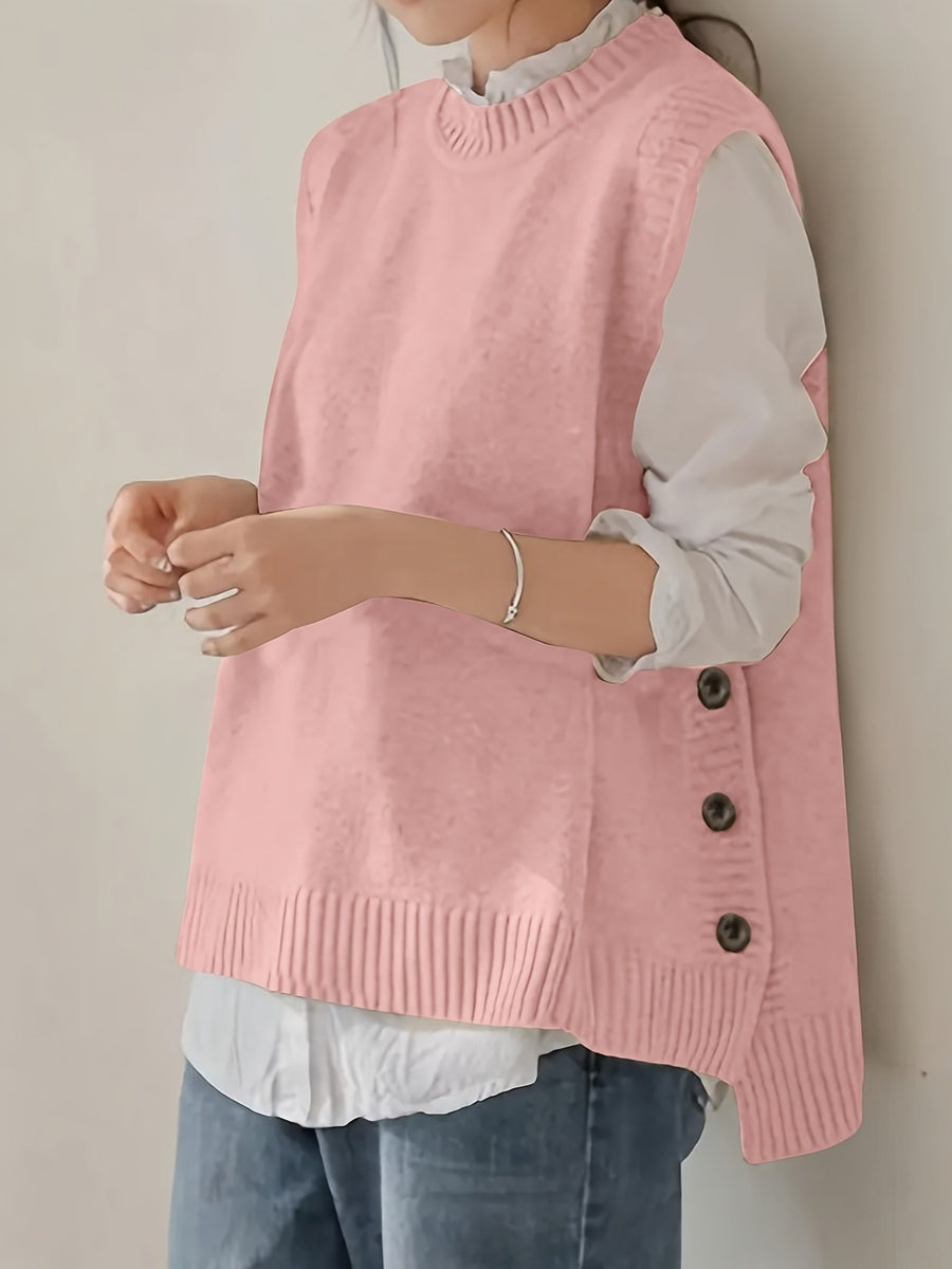 Round Neck Short Front And Long Back Button Sweater - Pink Color