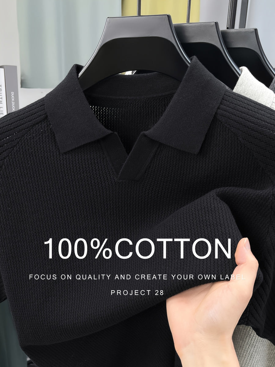 100% High Quality Light Luxury Style Men'S Short Sleeve Seagull Collar Pullover Knit POLO Shirt Fashion Casual Suitable for Outdoor Sports Golf Base Layer Top Vertical Stripe Pinstripe Texture Hollow Design Easy Commuter Light Business Style Lapel C - Extra Black