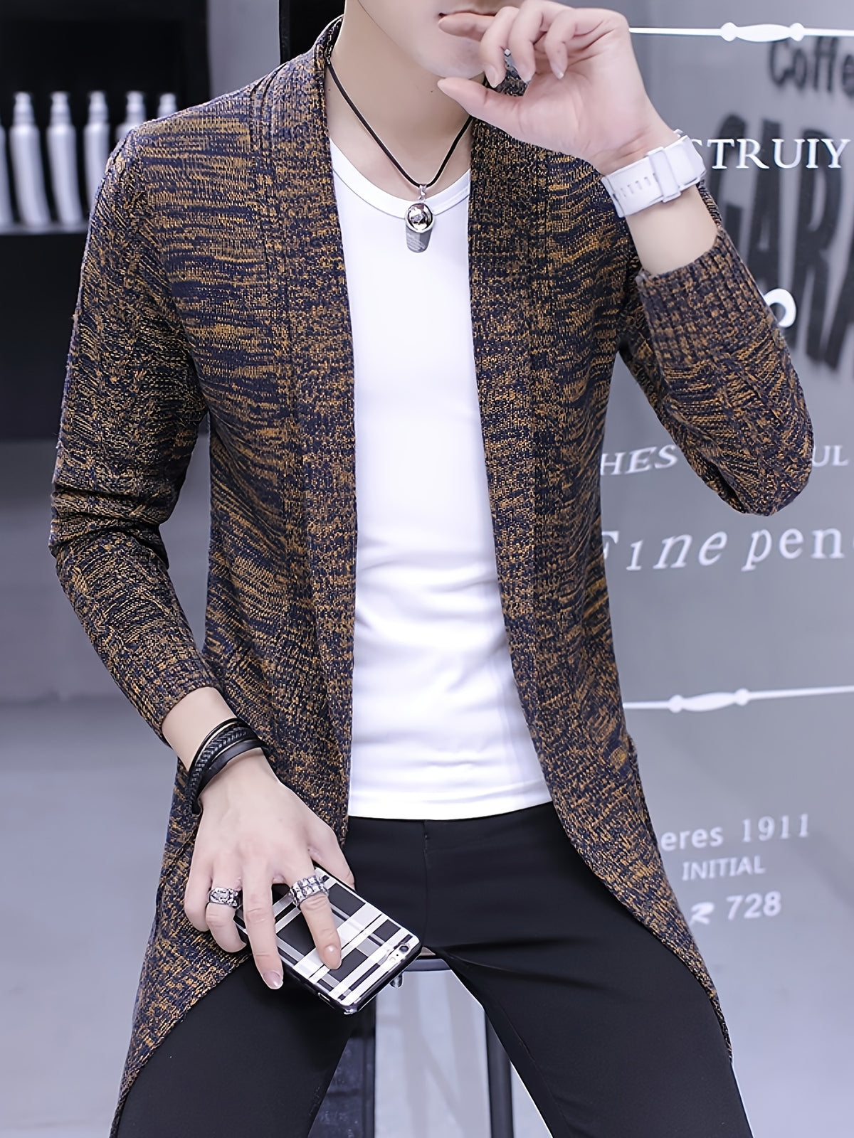 Men's Autumn/Winter New Style Shawl Collar Long Knitted Cardigan, Buttonless Open Front Slim Fit Long Sleeve Casual Sweater Jacket for Men - WE9309 Coffee Brown