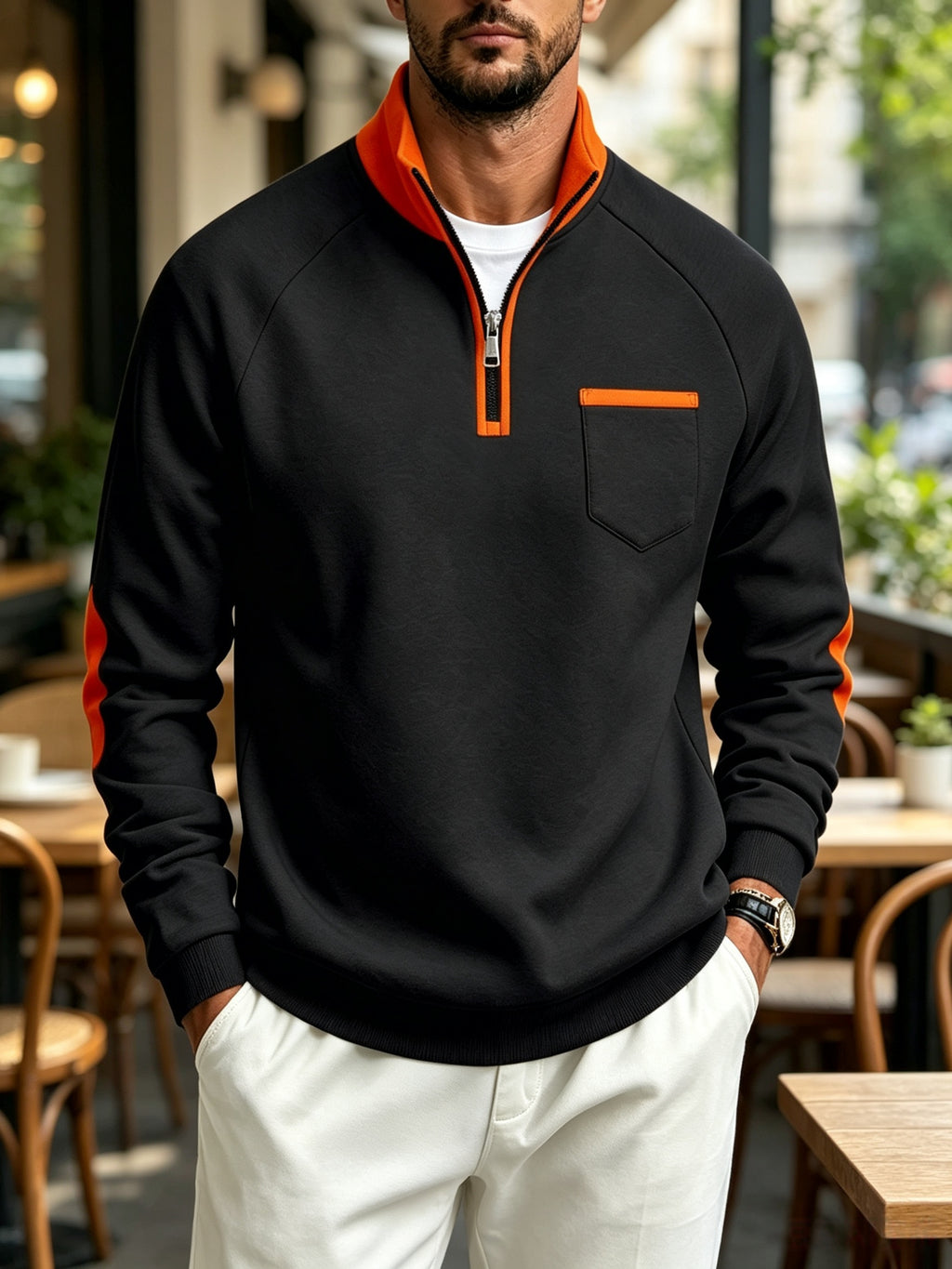 Men's Quarter Zip Stand Collar Sweatshirt, Heavyweight Color Block Pullover with Elbow Patches, Raglan Long Sleeve Tops with Chest Pocket, Lined Loose Casual Commute Outerwear, Autumn Winter Versatile Plus Size Men Clothing Multiple Colors& S - Black