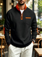 Men's Quarter Zip Stand Collar Sweatshirt, Heavyweight Color Block Pullover with Elbow Patches, Raglan Long Sleeve Tops with Chest Pocket, Lined Loose Casual Commute Outerwear, Autumn Winter Versatile Plus Size Men Clothing Multiple Colors& S - Black