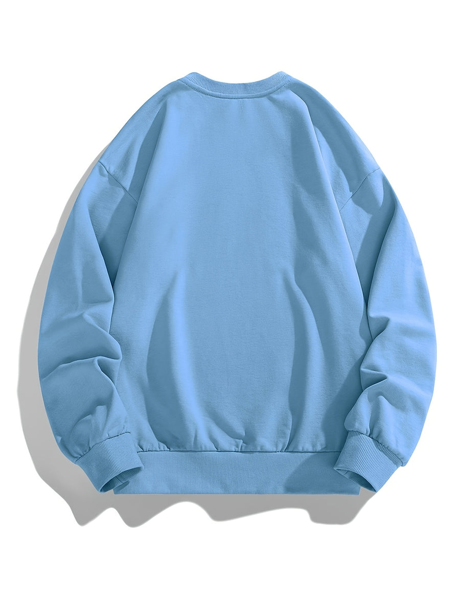 Men's Crew Neck Sweatshirt, Spring & Autumn Joyful Face Letter Print Pullover Top, Youth Loose Casual Versatile LongSleeve Base Shirt - Sky Blue