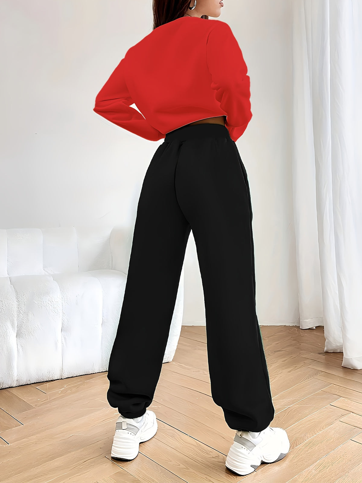 Women's Casual Tracksuit Set, Fashionable Paris Letter Print Long Sleeve Sweatshirt & Joggers Pants Outfit - Red