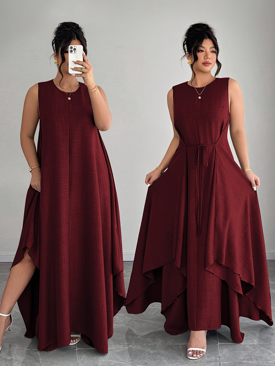 Women'S Elegant Vacation Casual Daily Outerwear Tie-Belt A-Line Asymmetrical Hem Dress - Burgundy