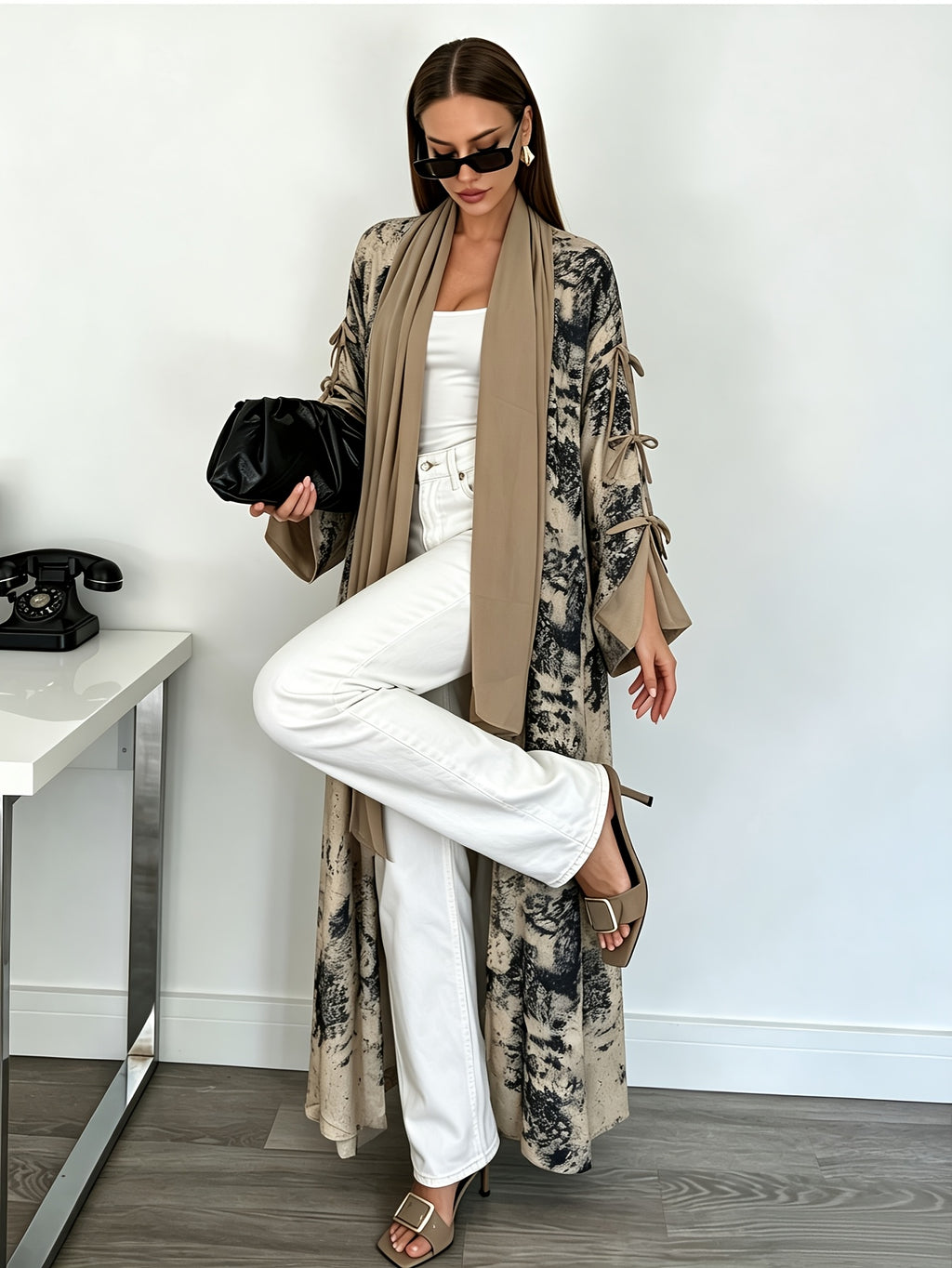1 Set Women's Tie-Dye Print Open Front Long Kimono Cardigan, Flare Sleeve with Side Bow Detail Maxi Cover-Up, Modest Dubai Abaya Outerwear for Daily and Vacation Wear, Ink Wash Tie-Dye Print Long Open Abaya Kimono, Bell Sleeve with Side Self-Tie Bow - Khaki