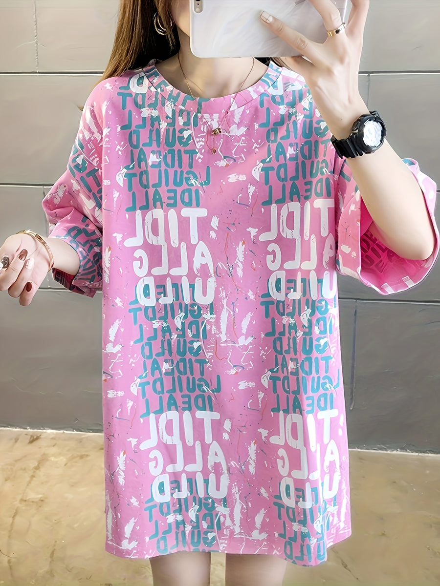 Summer New Large Size Loose Fashion Trend Thin Cartoon Round Neck Print Medium Long Short Sleeve T-shirt - Bright Pink Color