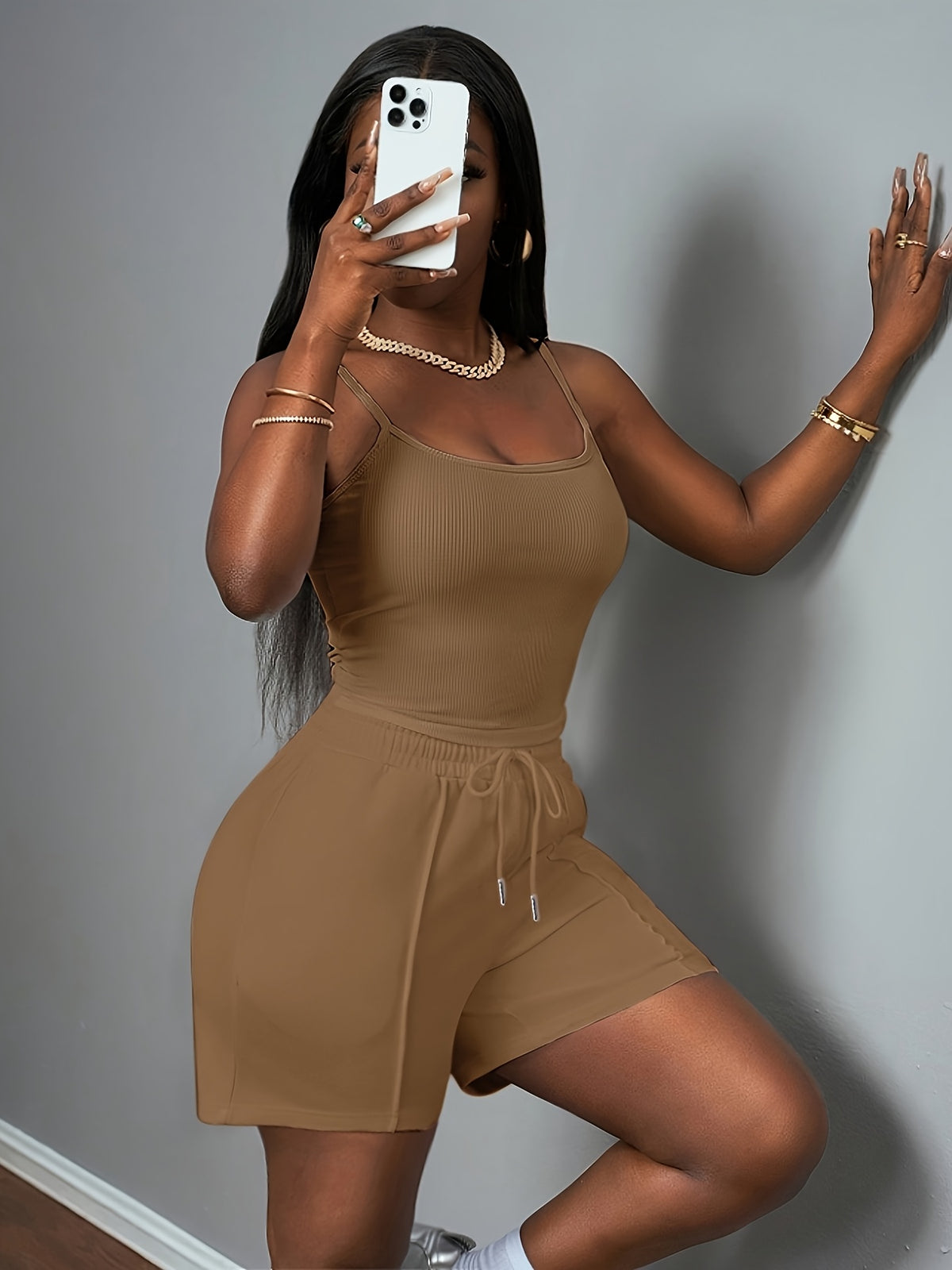 Women'S New Casual Camisole Knit Elastic Vest And Striped Textured Shorts 2pcs Set - Olive Brown