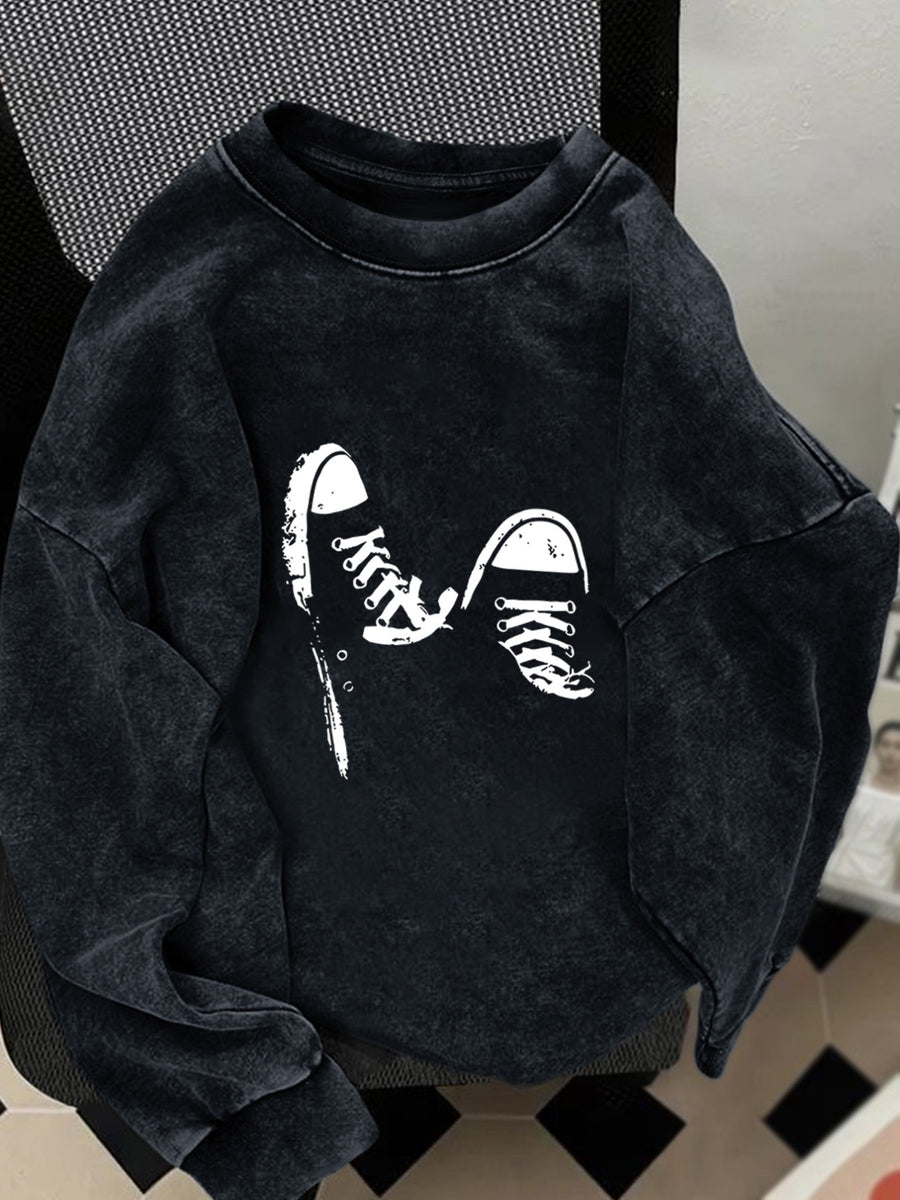 Vintage Washed Crewneck Sweatshirt for Women Featuring a Sneaker Print, Made from a Soft in Dark Gray. Ideal for Casual Streetwear, Whether Lounging Or Outdoors, with a Lightweight And Durable Design Perfect for Daily Use And Street Style - Deep Grey