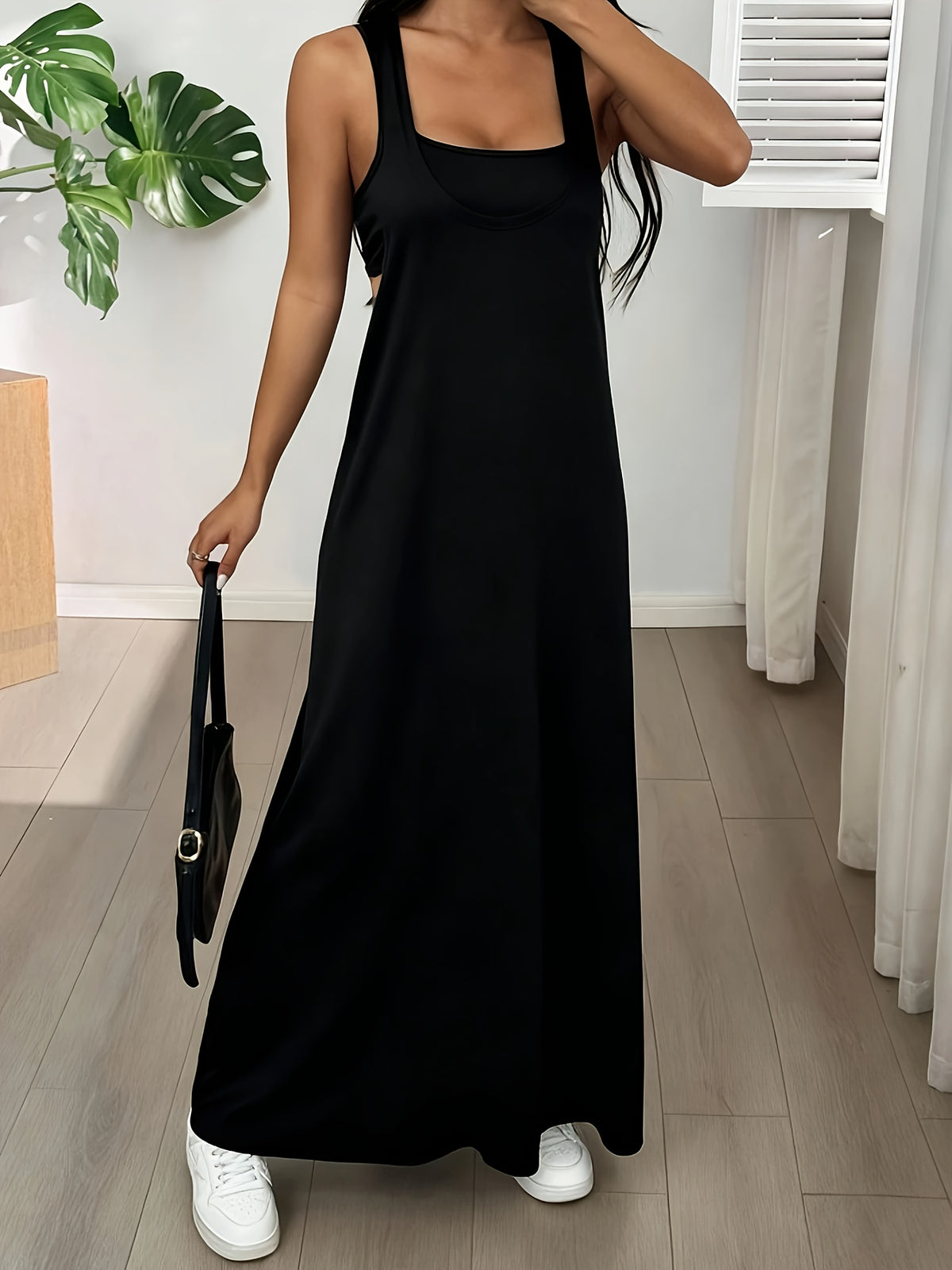 The Solid Color Asymmetrical Neckline Sleeveless Casual Dress Set Is Perfect for Summer Wear - Black