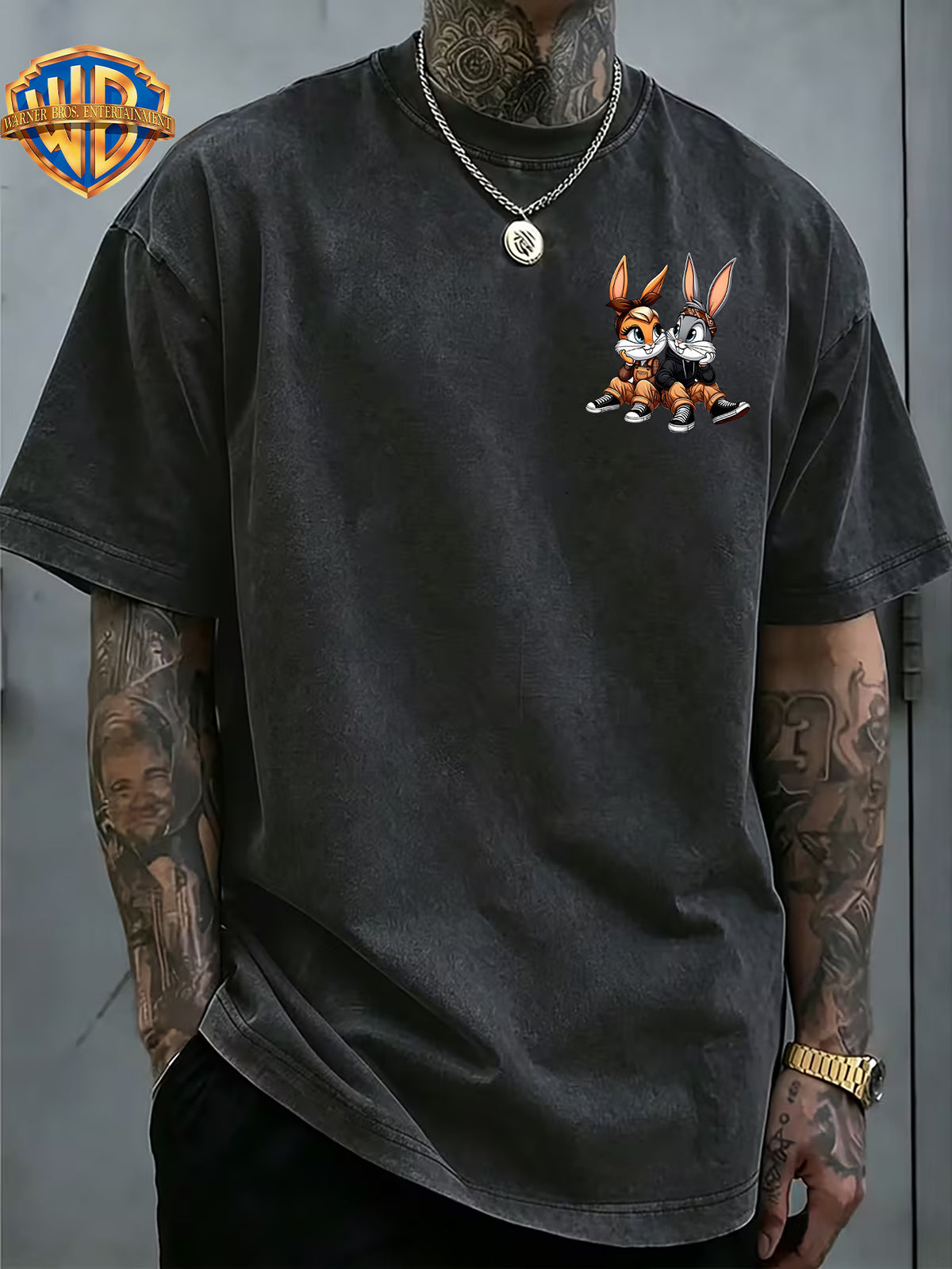 Cartoon Couple Rabbit Heart Front Back Print Washed Distressed T-Shirt, Men'S 100% Fabric, Casual Comfortable Style, Loose Fit Breathable Short Sleeve Men'S Casual Top, Distressed Washed Loose Fit - Black