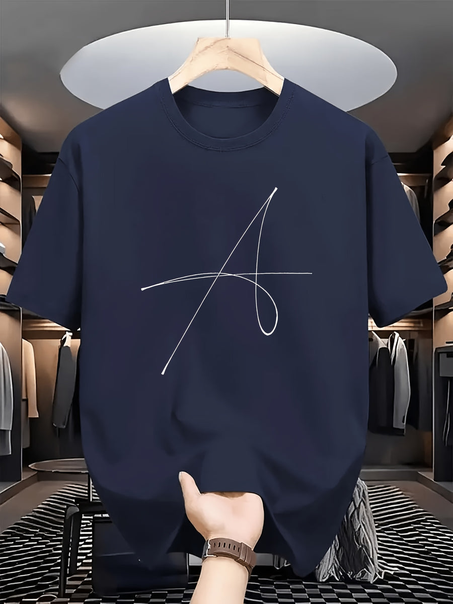 Handwritten Style Letter A Print T-Shirt, Minimalist Line Short Sleeve - Navy Color