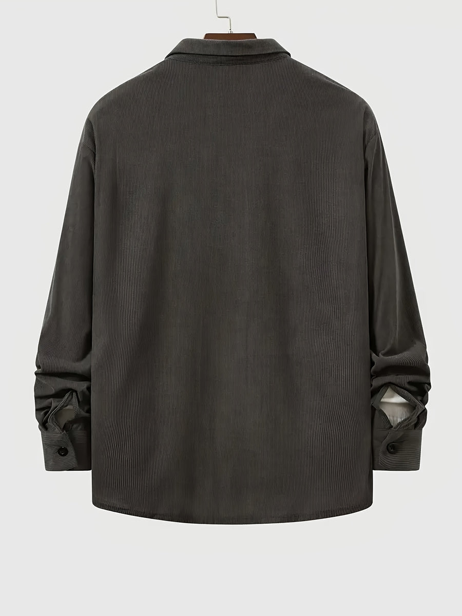New Solid Color Spring/Autumn Men's Fashion Casual Corduroy Jacket, Lapel Single-Breasted Button Cardigan Style with Chest Pocket, Loose Fit, Can Be Worn as an Inner or Outer Layer - Dark Gray