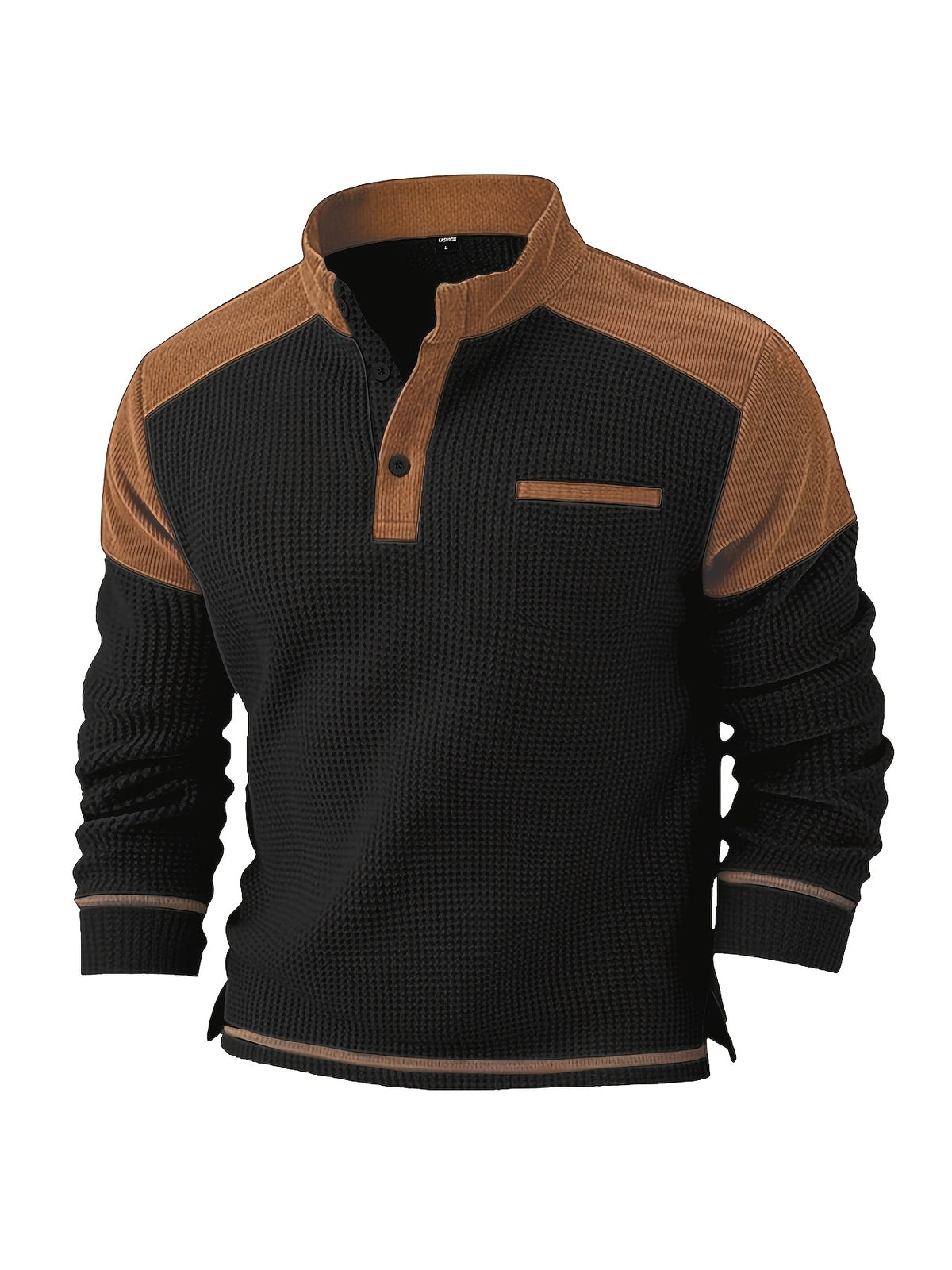 Men's American-style Casual Stand-up Collar Shirt with a Half-opening Button Placket Design, Retaining the Smart and Neat Look of a Stand-up Collar. The Addition of Two Buttons Enhances the Layered Style and Breathability. The Shoulders - Black