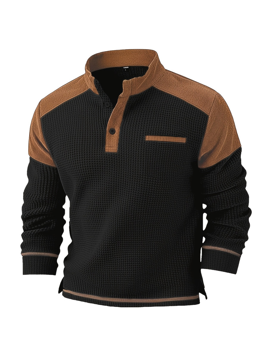 Men's American-style Casual Stand-up Collar Shirt with a Half-opening Button Placket Design, Retaining the Smart and Neat Look of a Stand-up Collar. The Addition of Two Buttons Enhances the Layered Style and Breathability. The Shoulders - Black