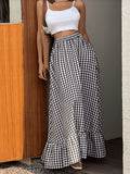 <Elegant Orientation> Bohemian Black And White Plaid Skirt Elastic Waist Flowy Ruffle Hem Long Skirt - Mixed colors