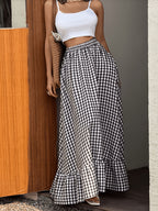 <Elegant Orientation> Bohemian Black And White Plaid Skirt Elastic Waist Flowy Ruffle Hem Long Skirt - Mixed colors