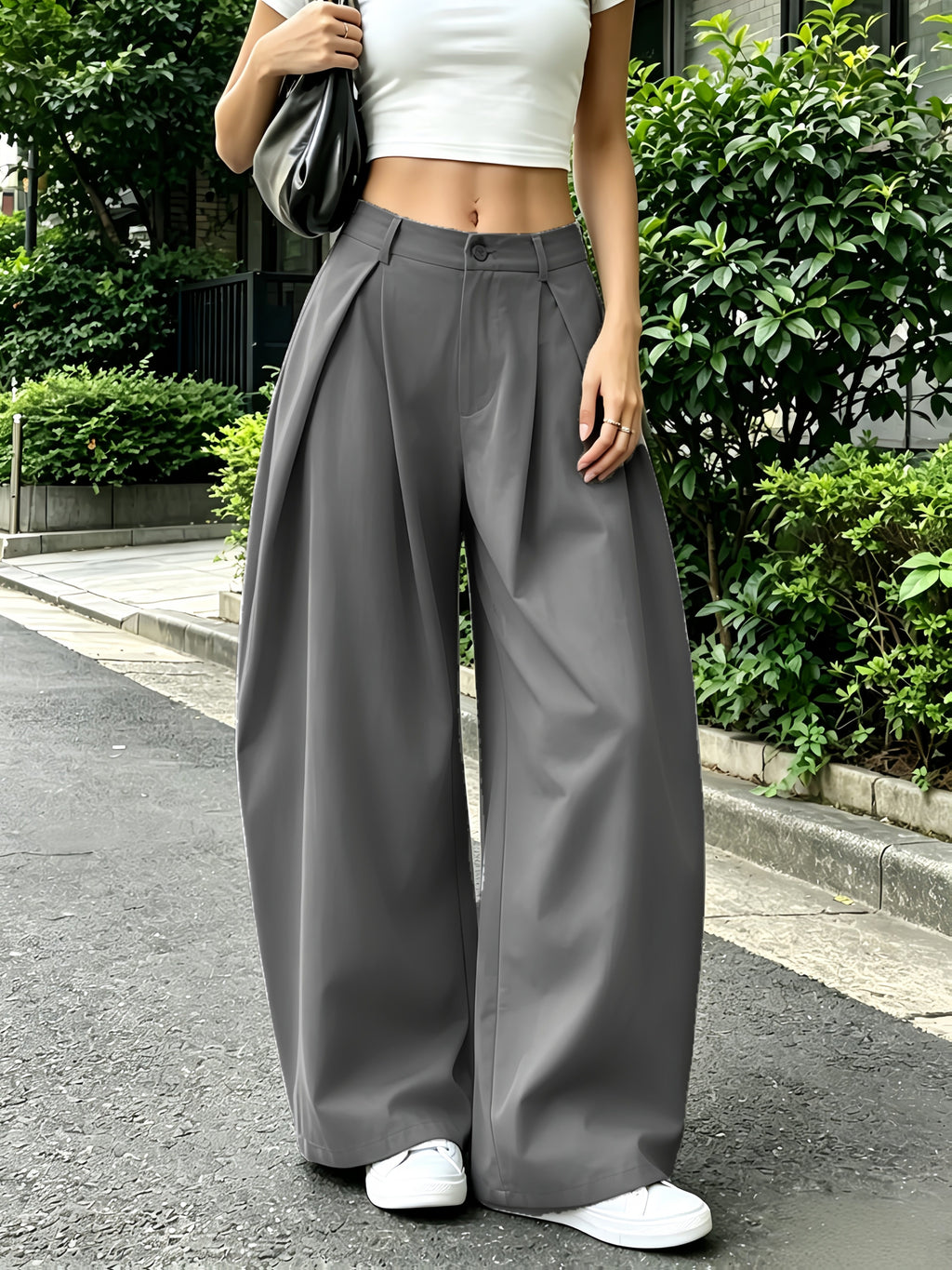 Women's Elegant Vintage High-Waisted Wide- Pants - Loose Fit Solid Green Trousers with Curved Hem & Zipper Closure, Machine Washable Suitable for Spring/Summer Casual Streetwear, Office, Casual Attire - Grey