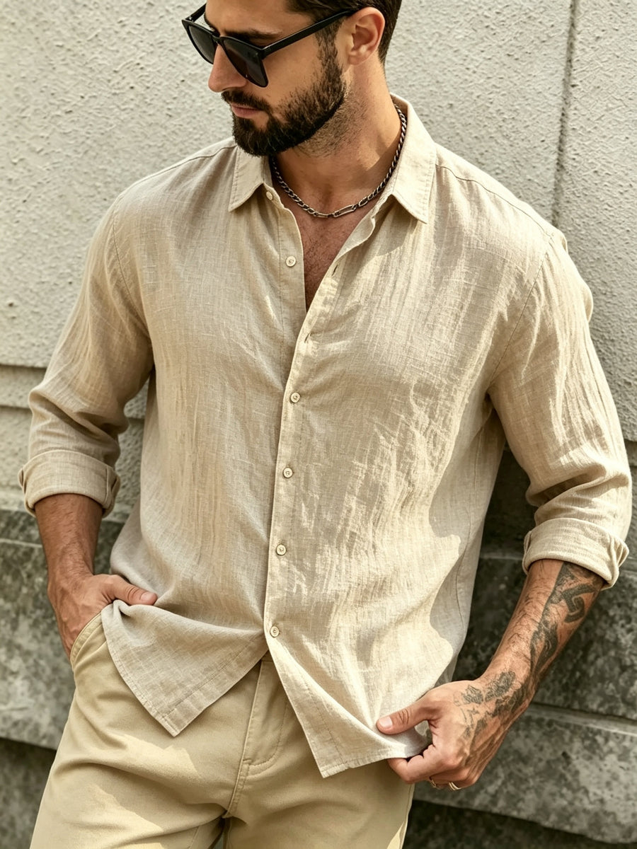 The Preferred Gift for Back to School Season Is Men's Casual Shirts. Spring and Autumn Long Sleeved Shirts Are Trendy, Loose, Solid Color, Breathable and Versatile Tops, Making Them the Perfect Holiday Gift - Khaki