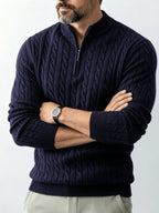 Men's Relaxed-fit Spring and Autumn Style with a Chic Half-zipper Design for a Casual, Laid-back Look. The Exquisite Cable-knit Texture Adds a Vintage Touch, While the Solid Color Offers a Calm and Sophisticated Vibe, Perfect for Creating a Casual - Navy Color