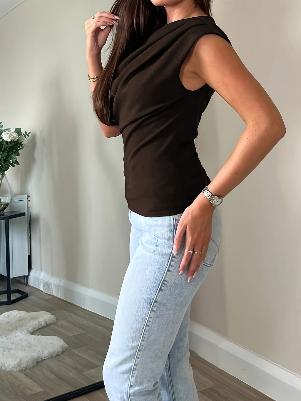 Elegant Casual Fashion Off-Shoulder Short Top Slim Sexy Women'S Blouse - Coffee Color