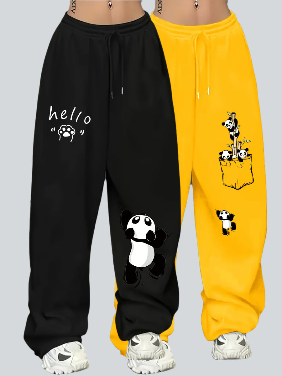 2pcs Plus Size Women'S Casual Wide-Leg Athletic Pocket Sweatpants, Solid Color Drawstring Pattern Printed Sweatpants - Black + Bright Yellow