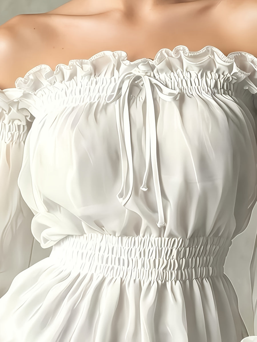 Fashionable Retro Ruffle Brown Off-Shoulder Women'S Chiffon Shirt Suitable for Spring, Summer And Autumn - White