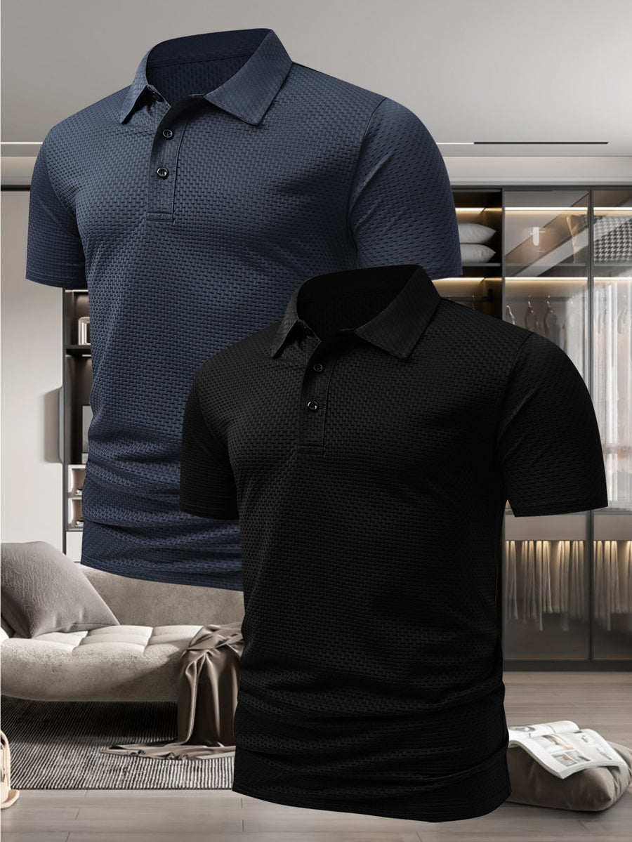 Men'S Stylish Casual Short-Sleeve Polo Shirt, Available in a 2-pc at a Discount! Comfortable T-Shirt Made from New Jacquard Quick-Dry Fabric, Perfect for Outdoor Equestrian And Golf Activities. Fashionable Casual Wear - Cyan+Black