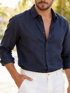 Single Piece Loose and Comfortable Men's Long Sleeved Shirt, with a Simple and Versatile Solid Color Style, Button Opening and Closing Design, Suitable for Casual Daily Wear. - Navy Color