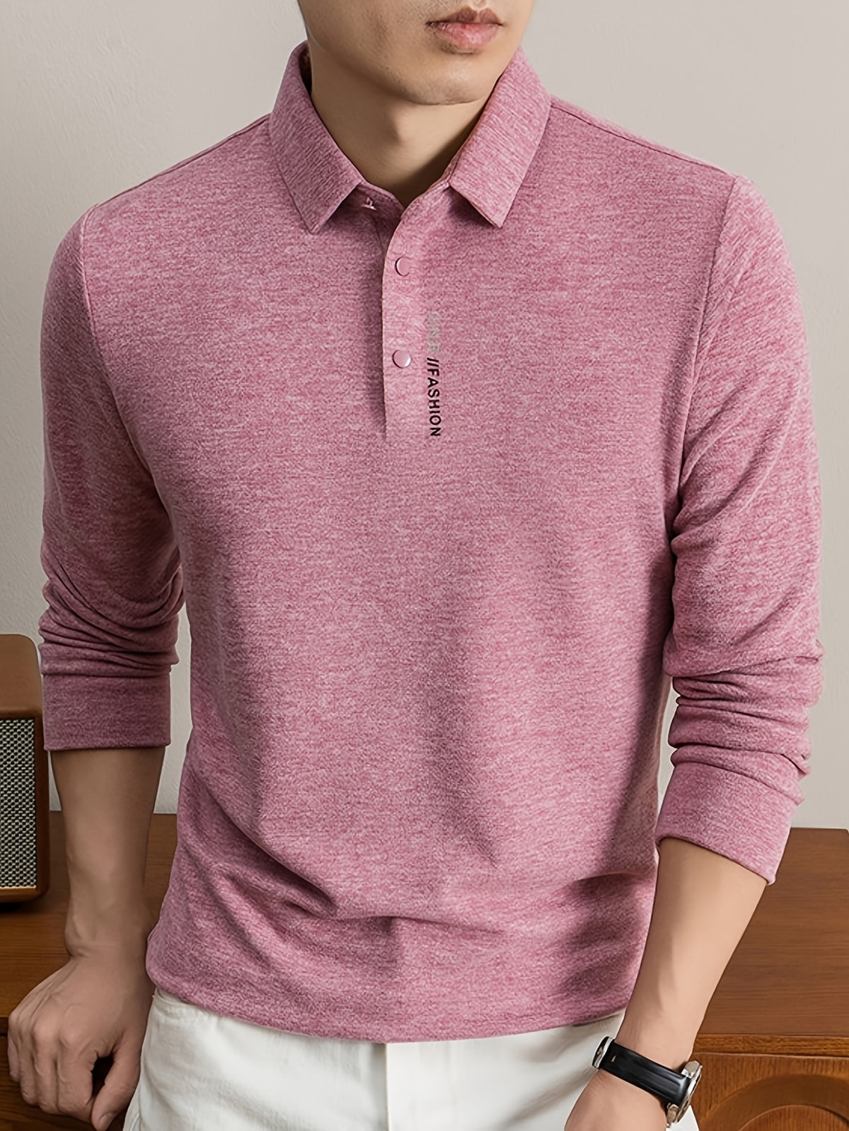 New Autumn 2026 Men's Long-Sleeve T-Shirt, Solid Color Lapel, Simple Daily Wear, Casual Polo Shirt - pink