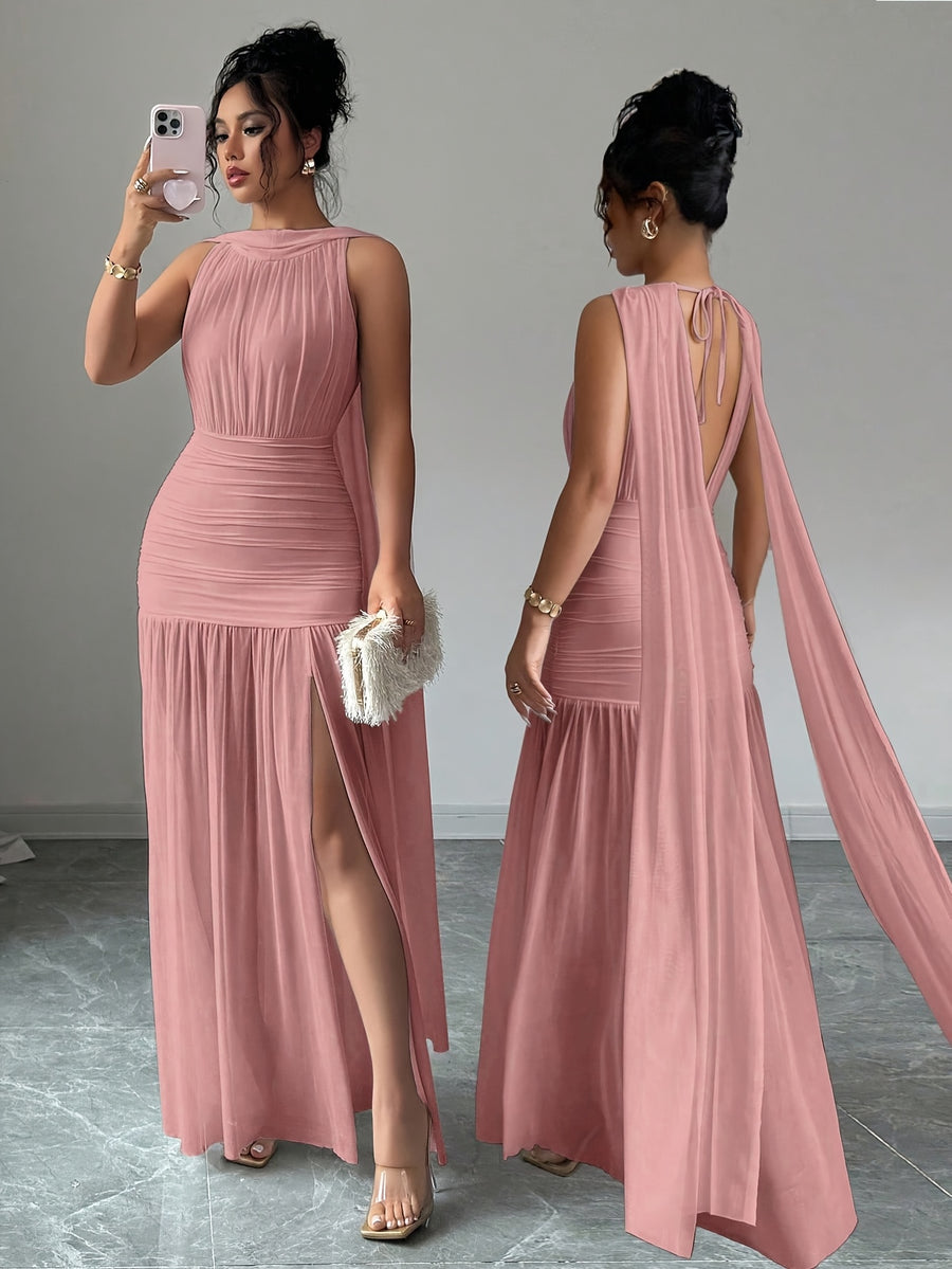 Women's Solid-color Minimalist Sleeveless Maxi Dress for Spring/summer, Suitable for New Year Outfits, Dates, Holidays, and Valentine's Day Wear - Pale Pinkish Gray