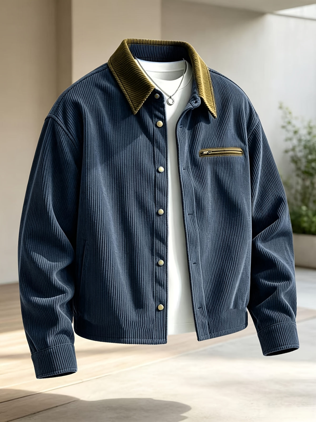 Men'S Solid Color Lapel Corduroy Striped Cardigan, Autumn Winter Fashion Contrast Jacket Top, Zippered Pocket on Chest, Button-Front Design, Seasonal Warm Casual Outerwear, Suitable for Daily Casual Wear And Outings - Blue