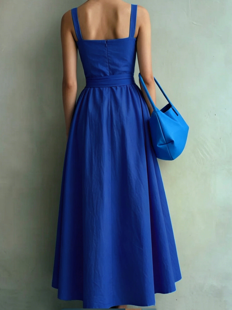 Simple Style Sleeveless Waist-Cinching Dress for Women, Summer Maxi Flared Bridesmaid Dress Gown - Blue