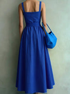 Simple Style Sleeveless Waist-Cinching Dress for Women, Summer Maxi Flared Bridesmaid Dress Gown - Blue