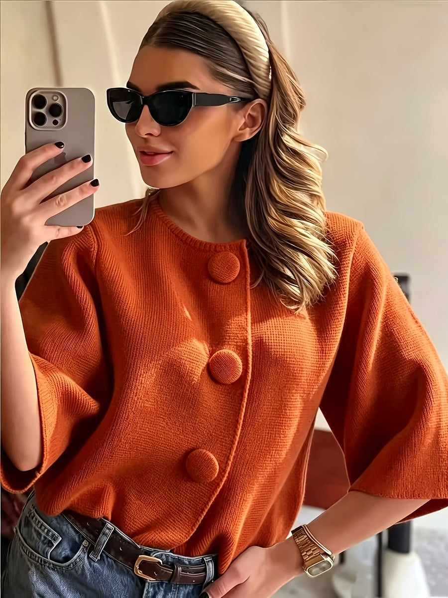 French-Style Large Button Cardigan - Oversized Cropped Top with Flared Bell Sleeves, Round Neck Button-Front Closure, Medium Stretch Suitable for - Layering, Elegant Office to Weekend Wear - Orange