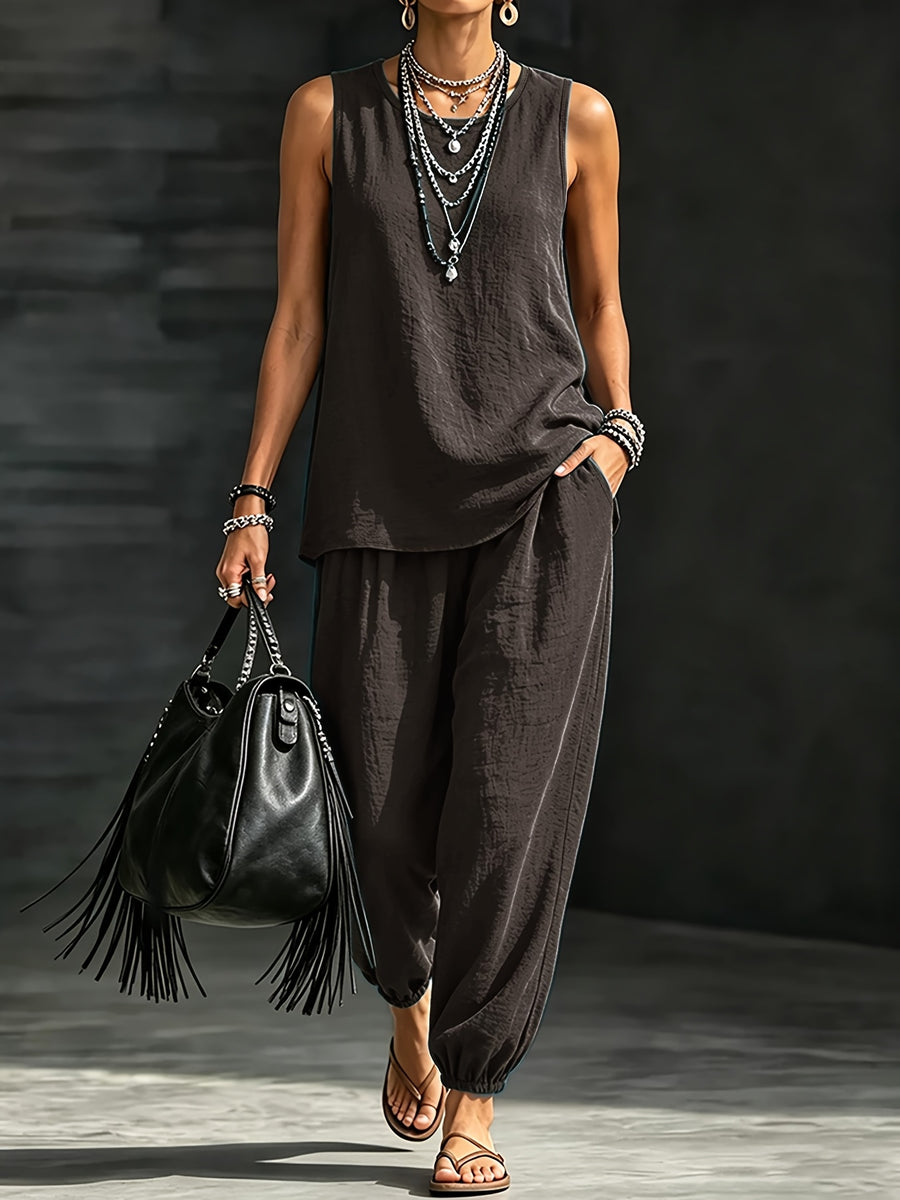 Women's Casual Vacation Solid Color 2pcs Set: Round Neck Top + Loose Fit Cuffed Pants - Coffee Color