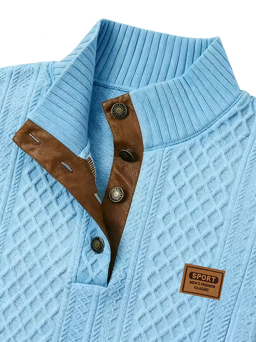 Men'S Casual Sports Sweater, Knit Sweater, American Casual Textured Diamond Knit Top, Men'S Stand Collar Contrast Color Button-Up Loose All-Match Retro Velvet Sweater Jacket, Autumn Winter Casual Sweater, Multi-Color Available - Sky Blue