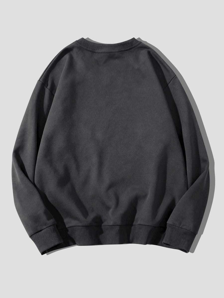 Men's Basic Crew Neck Sweatshirt with Small Galloping Horse Print on Left Chest, Casual Long Sleeve Loose Fit Versatile Solid Color Pullover Sport Sweatshirt - Grey