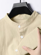 Men's Stand Collar Long Sleeve Henley Shirt, Textured Linen Casual Shirt, Versatile Loose Fit Top for Commuting - Khaki